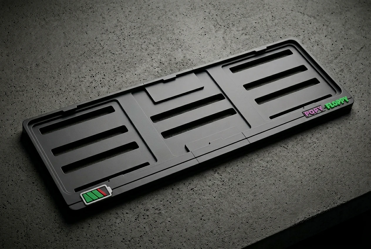 Charged number plate underlay — flat view showing battery icon motif on matte black body