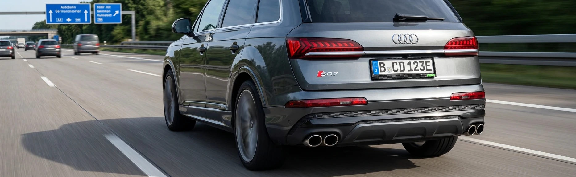Pyramid number plate underlay — Audi SQ7 rear on highway