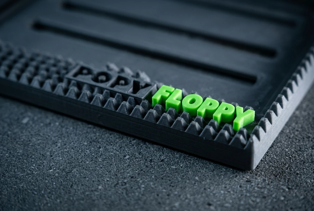 Pyramid number plate underlay — close-up detail of raised pyramidal texture and Popy Floppy branding